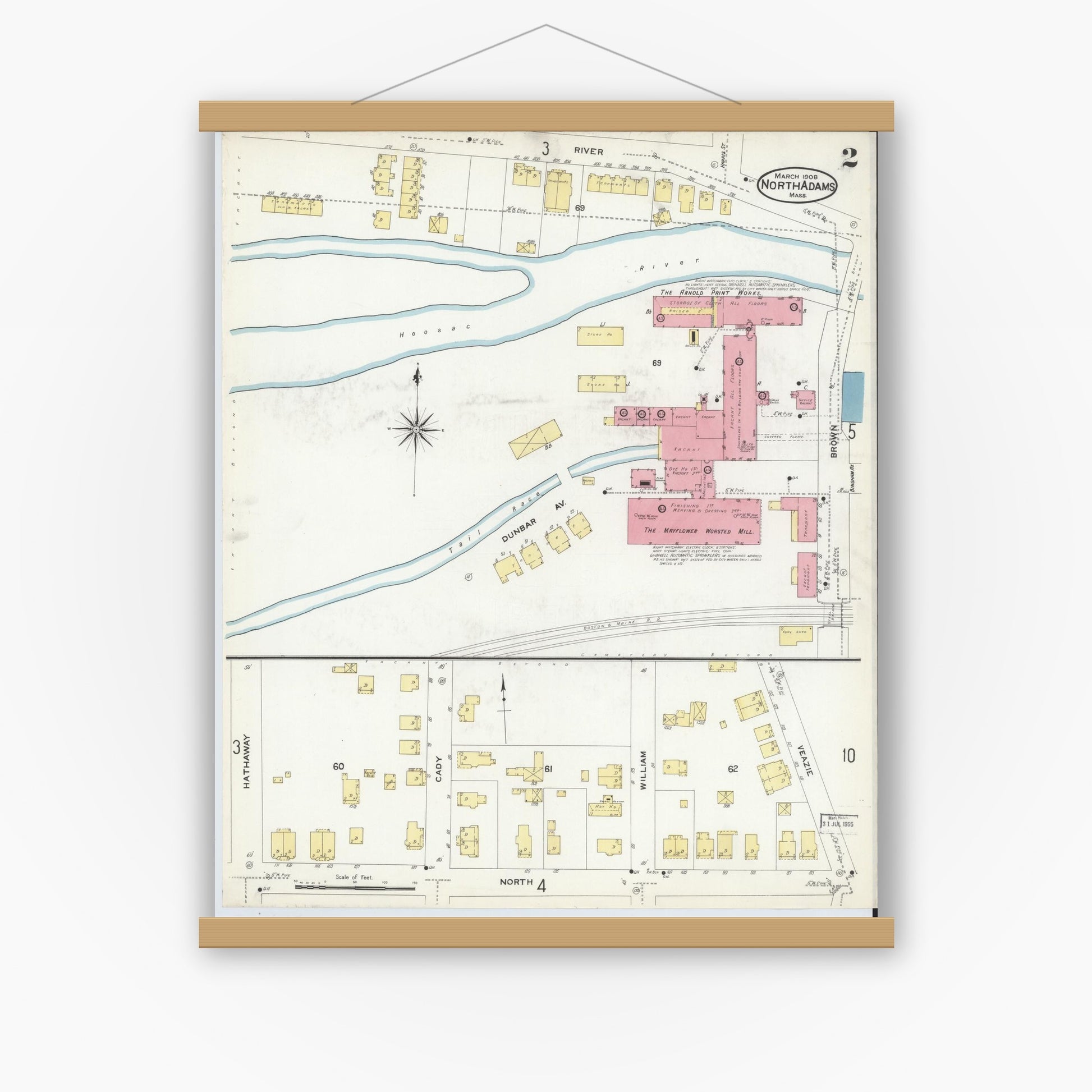 Old map wall art mockup — magnetic wood frame on white wall — Sanborn Fire Insurance Map from North Adams, Berkshire County, Massachusetts (1908), Sheet #0002