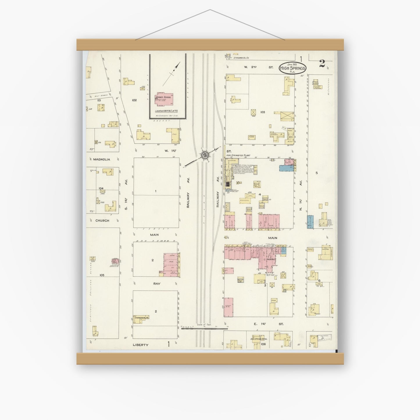 Old map wall art mockup — magnetic wood frame on white wall — Sanborn Fire Insurance Map from High Springs, Alachua County, Florida (1913), Sheet #0002