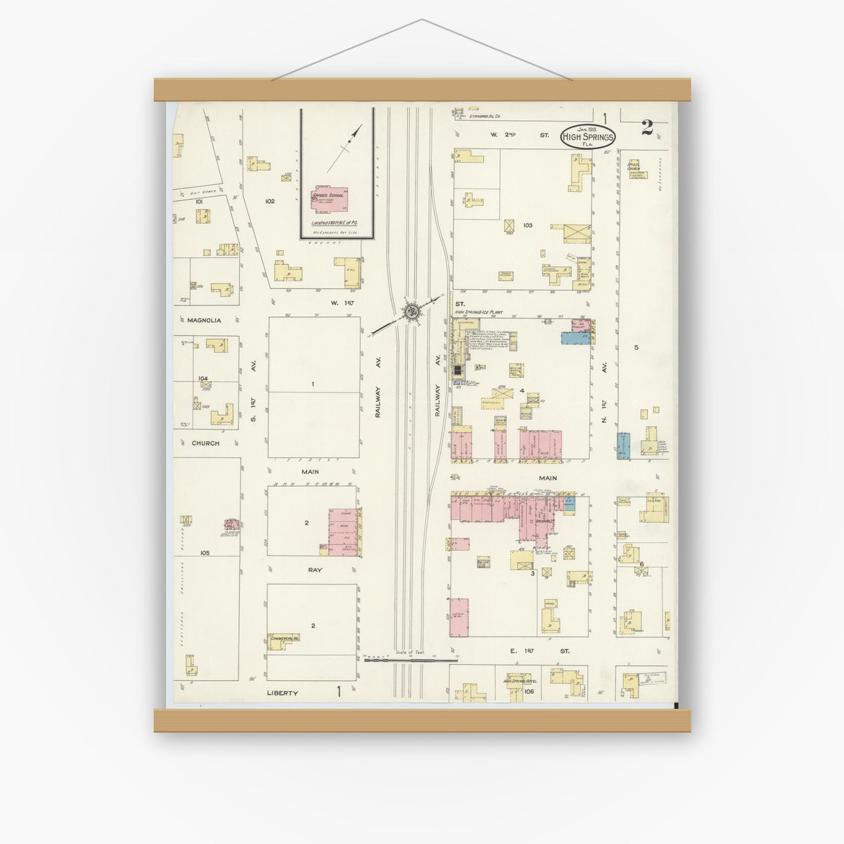 Old map wall art mockup — magnetic wood frame on white wall — Sanborn Fire Insurance Map from High Springs, Alachua County, Florida (1913), Sheet #0002