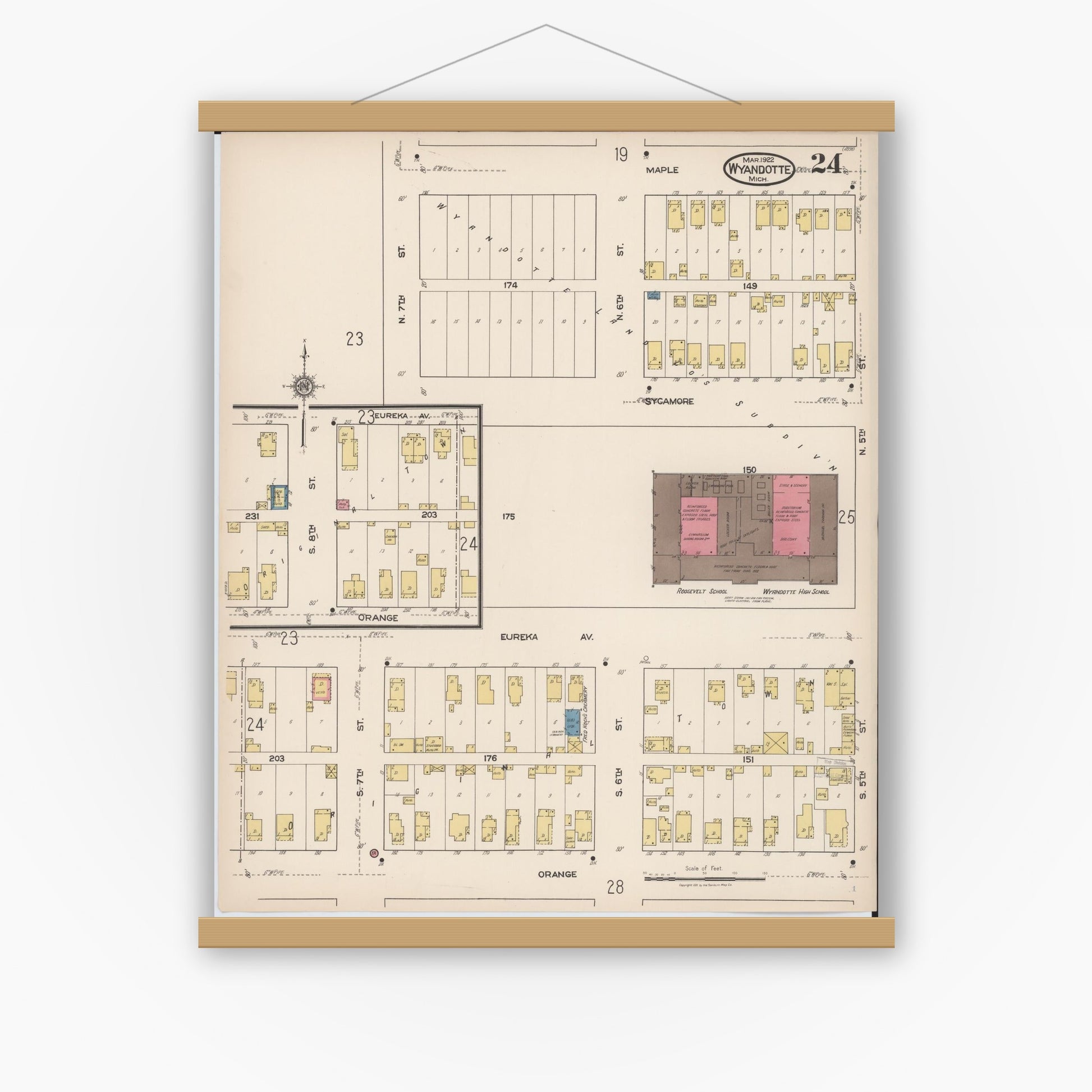 Old map wall art mockup — magnetic wood frame on white wall — Sanborn Fire Insurance Map from Wyandotte, Wayne County, Michigan (1922), Sheet #0024