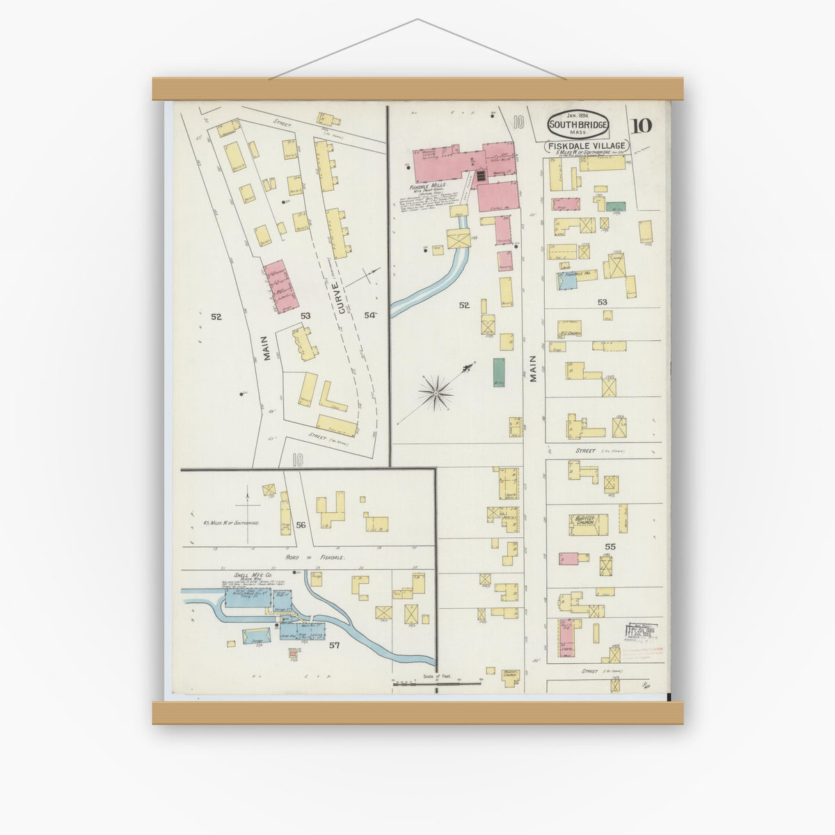 Old map wall art mockup — magnetic wood frame on white wall — Sanborn Fire Insurance Map from Southbridge, Worcester County, Massachusetts (1894), Sheet #0010
