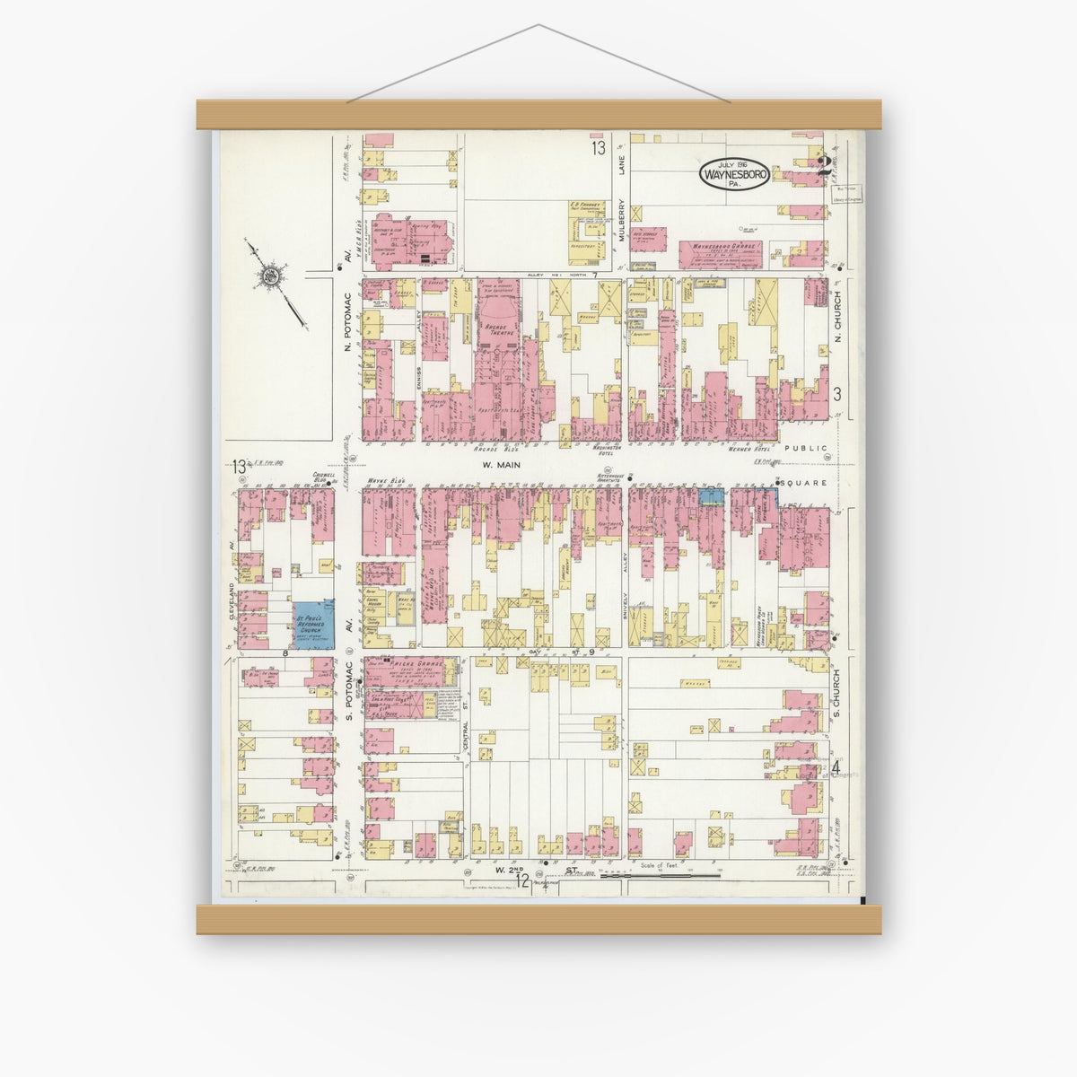 Old map wall art mockup — magnetic wood frame on white wall — Sanborn Fire Insurance Map from Waynesboro, Franklin County, Pennsylvania (1916), Sheet #0002