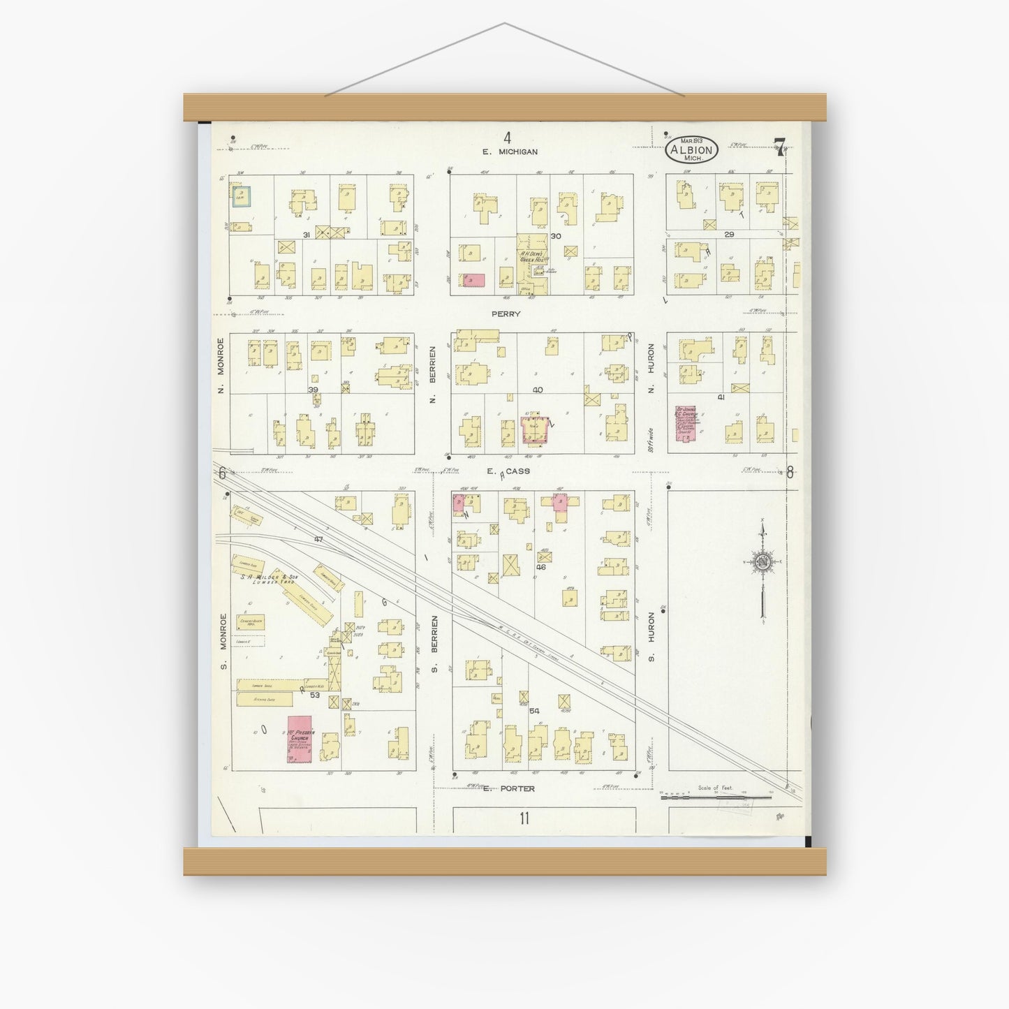 Old map wall art mockup — magnetic wood frame on white wall — Sanborn Fire Insurance Map from Albion, Calhoun County, Michigan (1913), Sheet #0007