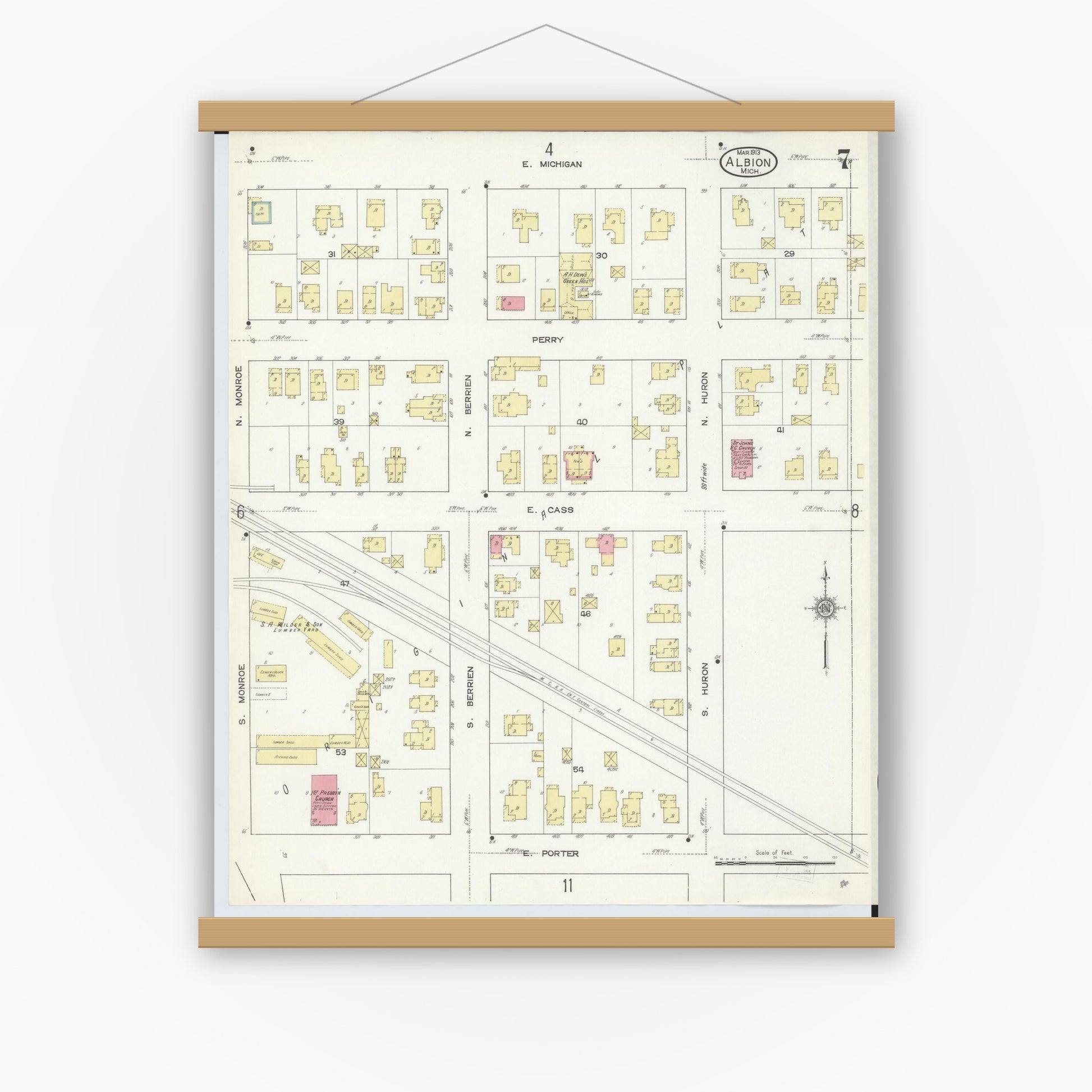 Old map wall art mockup — magnetic wood frame on white wall — Sanborn Fire Insurance Map from Albion, Calhoun County, Michigan (1913), Sheet #0007