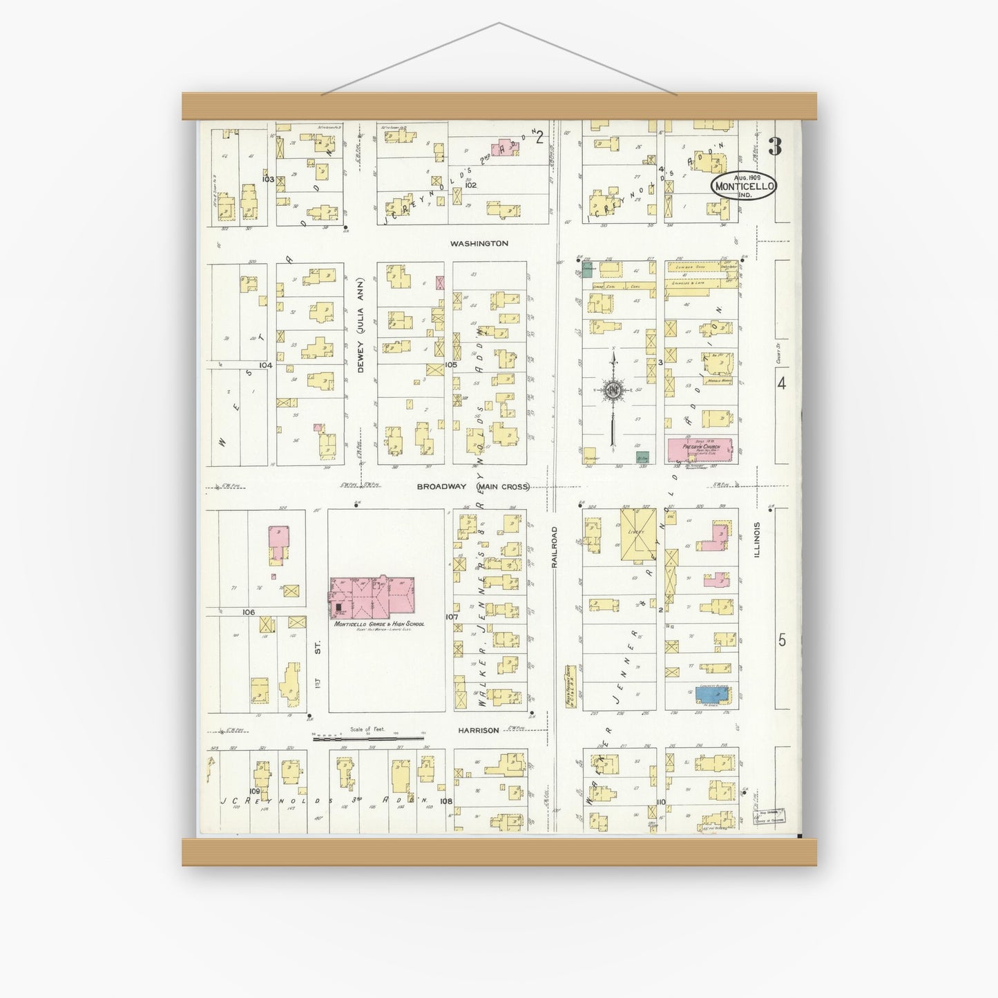 Old map wall art mockup — magnetic wood frame on white wall — Sanborn Fire Insurance Map from Monticello, White County, Indiana (1909), Sheet #0003