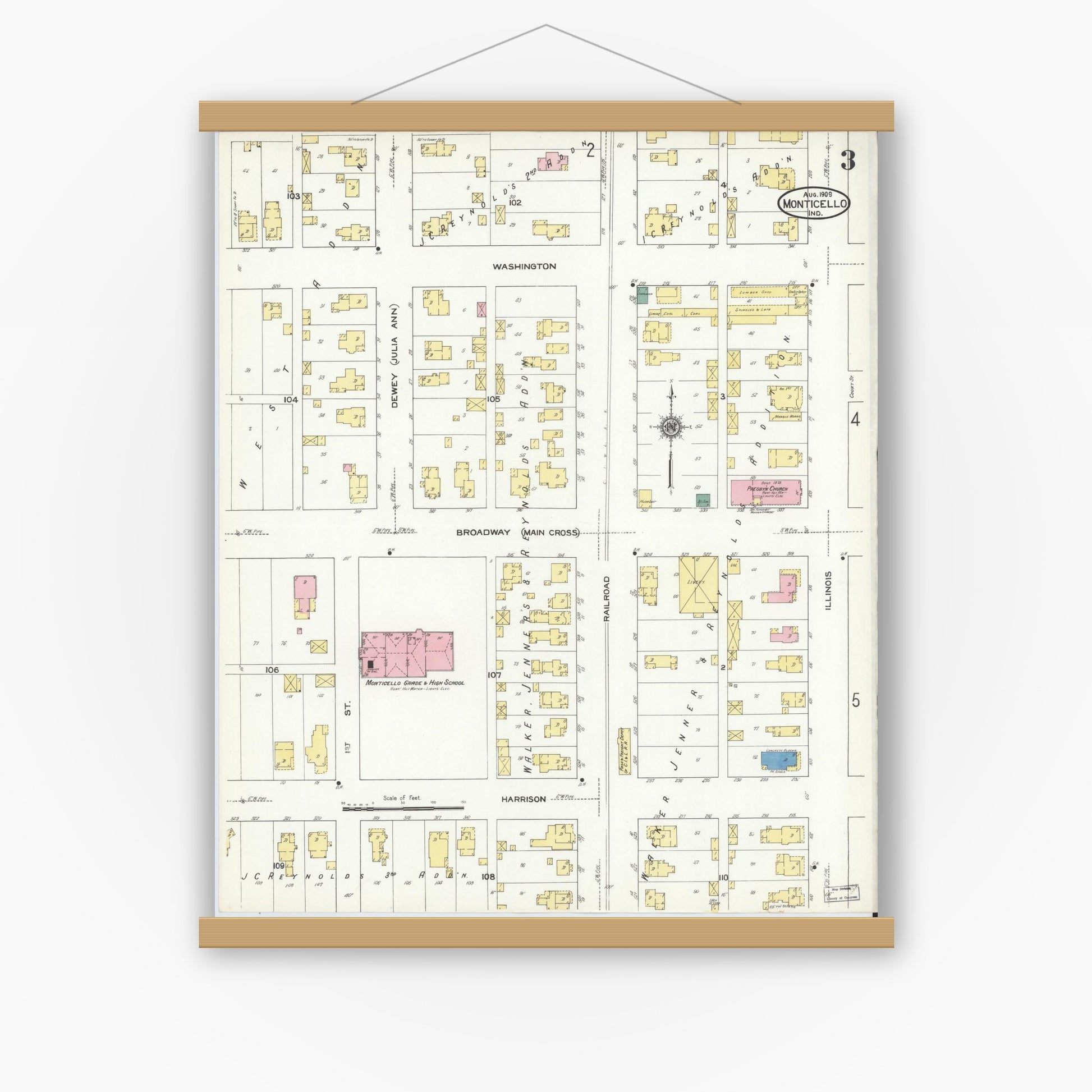Old map wall art mockup — magnetic wood frame on white wall — Sanborn Fire Insurance Map from Monticello, White County, Indiana (1909), Sheet #0003