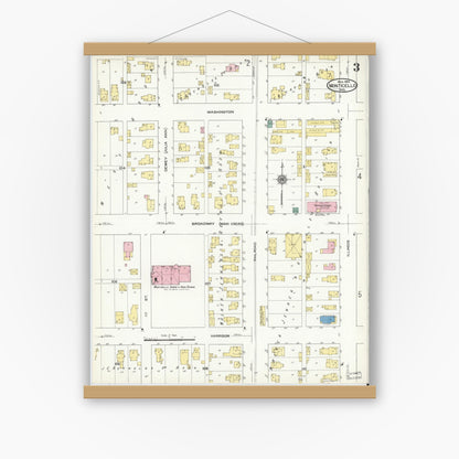 Old map wall art mockup — magnetic wood frame on white wall — Sanborn Fire Insurance Map from Monticello, White County, Indiana (1909), Sheet #0003