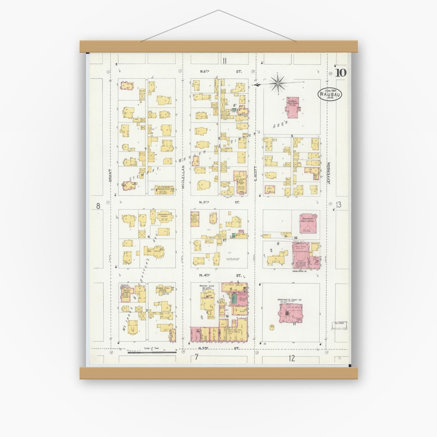 Old map wall art mockup — magnetic wood frame on white wall — Sanborn Fire Insurance Map from Wausau, Marathon County, Wisconsin (1904), Sheet #0010