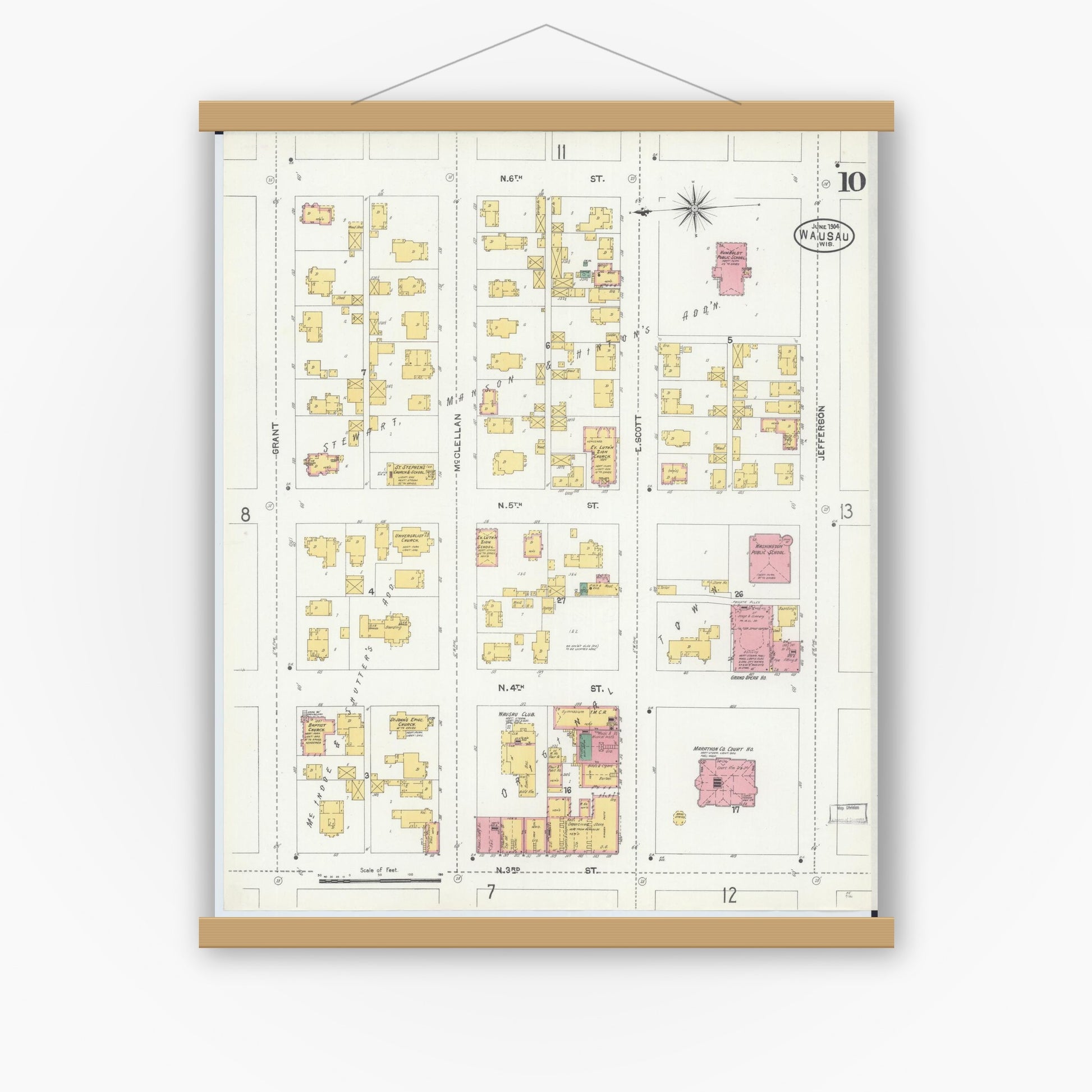 Old map wall art mockup — magnetic wood frame on white wall — Sanborn Fire Insurance Map from Wausau, Marathon County, Wisconsin (1904), Sheet #0010