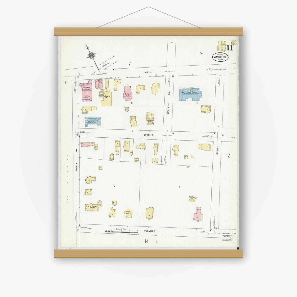 Old map wall art mockup — magnetic wood frame on white wall — Sanborn Fire Insurance Map from Amherst, Hampshire County, Massachusetts (1910), Sheet #0011