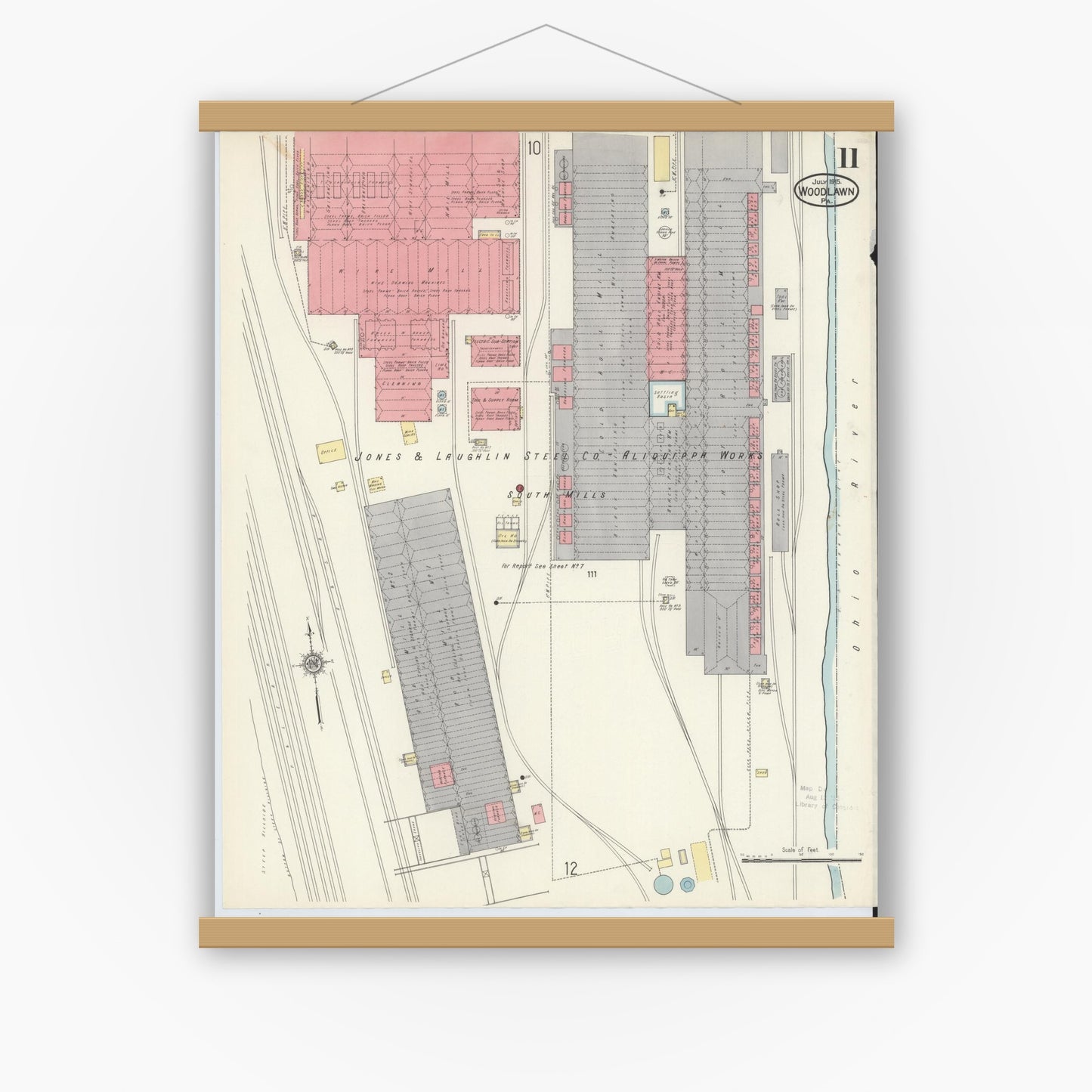 Old map wall art mockup — magnetic wood frame on white wall — Sanborn Fire Insurance Map from Woodlawn, Beaver County, Pennsylvania (1915), Sheet #0011