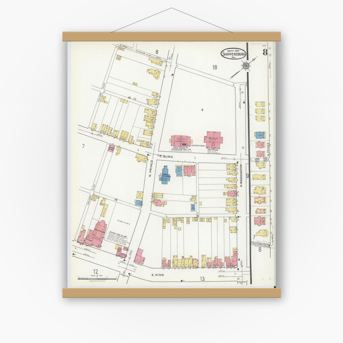 Old map wall art mockup — magnetic wood frame on white wall — Sanborn Fire Insurance Map from Shippensburg, Cumberland And Franklin Counties, Pennsylvania (1921), Sheet #0008