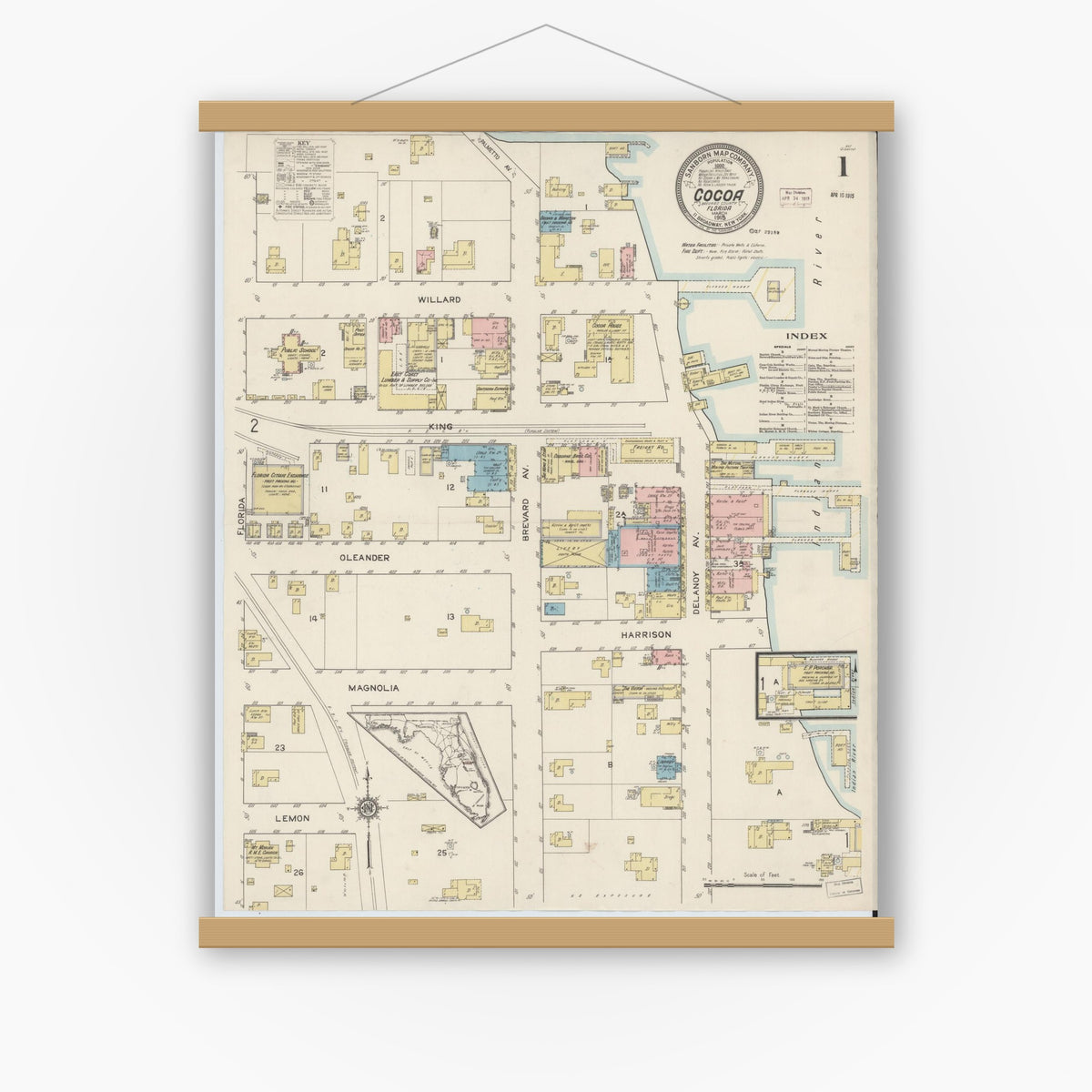 Old map wall art mockup — magnetic wood frame on white wall — Sanborn Fire Insurance Map from Cocoa, Brevard County, Florida (1915), Sheet #0001