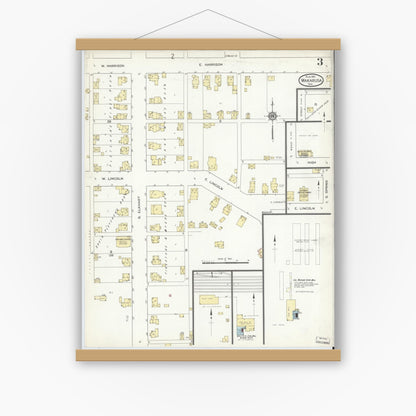 Old map wall art mockup — magnetic wood frame on white wall — Sanborn Fire Insurance Map from Wakarusa, Elkhart County, Indiana (1914), Sheet #0003