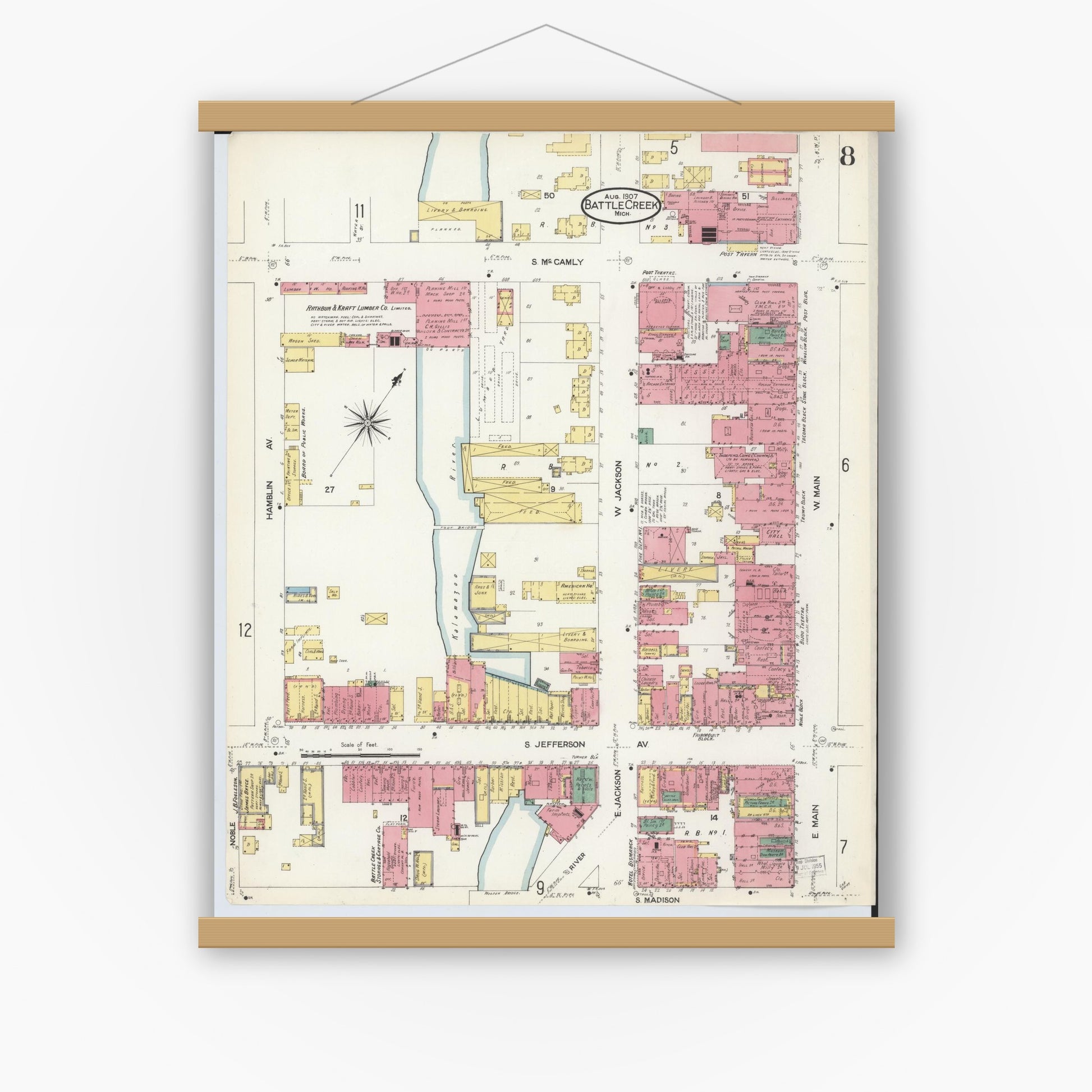 Old map wall art mockup — magnetic wood frame on white wall — Sanborn Fire Insurance Map from Battle Creek, Calhoun County, Michigan (1907), Sheet #0008
