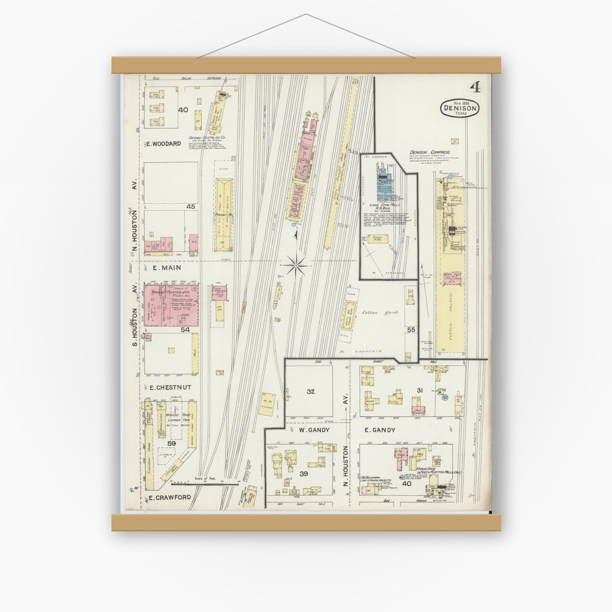 Old map wall art mockup — magnetic wood frame on white wall — Sanborn Fire Insurance Map from Denison, Grayson County, Texas (1888), Sheet #0004