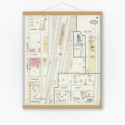 Old map wall art mockup — magnetic wood frame on white wall — Sanborn Fire Insurance Map from Denison, Grayson County, Texas (1888), Sheet #0004