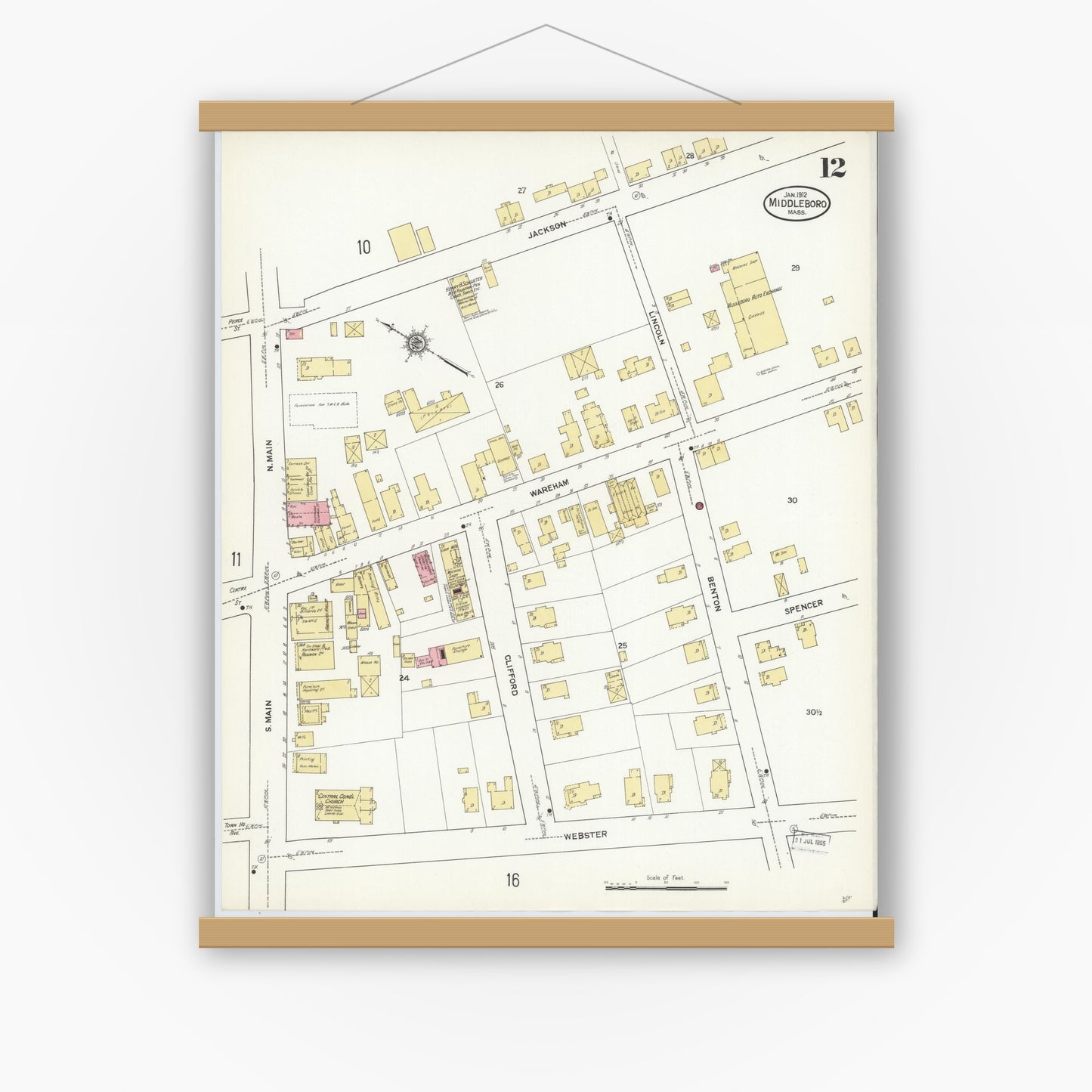 Old map wall art mockup — magnetic wood frame on white wall — Sanborn Fire Insurance Map from Middleboro, Plymouth County, Massachusetts (1912), Sheet #0012