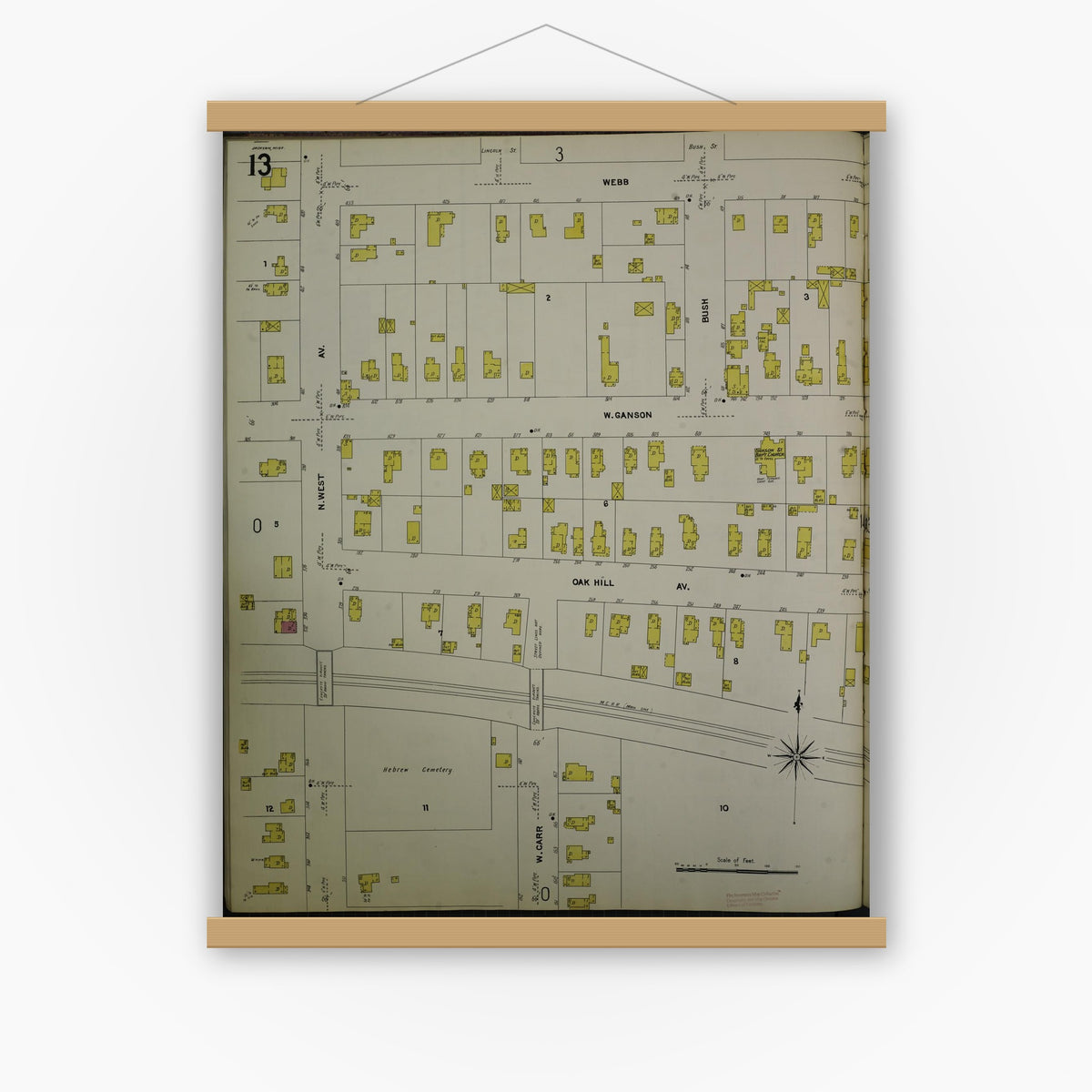 Old map wall art mockup — magnetic wood frame on white wall — Sanborn Fire Insurance Map from Jackson, Jackson County, Michigan (1907), Sheet #0013