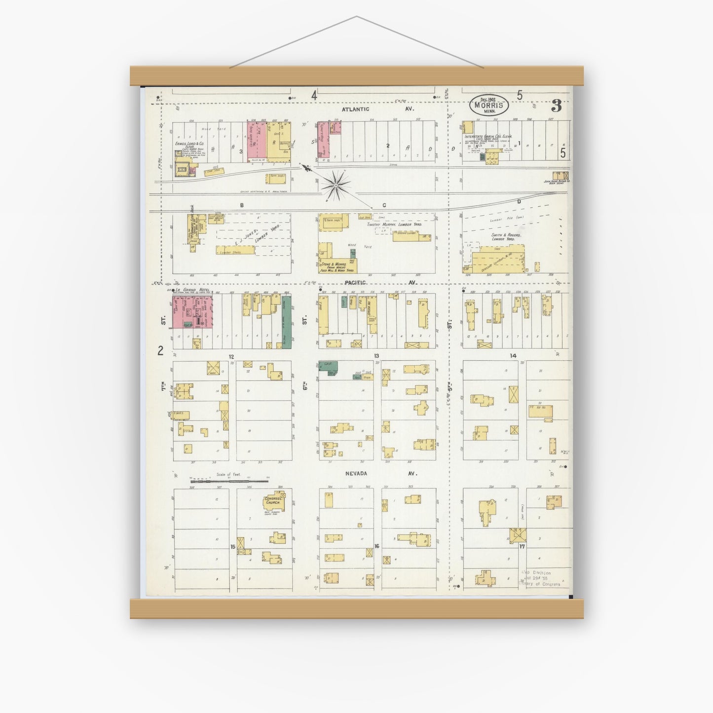 Old map wall art mockup — magnetic wood frame on white wall — Sanborn Fire Insurance Map from Morris, Stevens County, Minnesota (1902), Sheet #0003