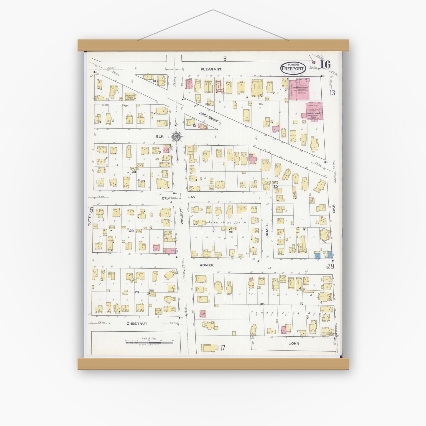 Old map wall art mockup — magnetic wood frame on white wall — Sanborn Fire Insurance Map from Freeport, Stephenson County, Illinois (1918), Sheet #0016