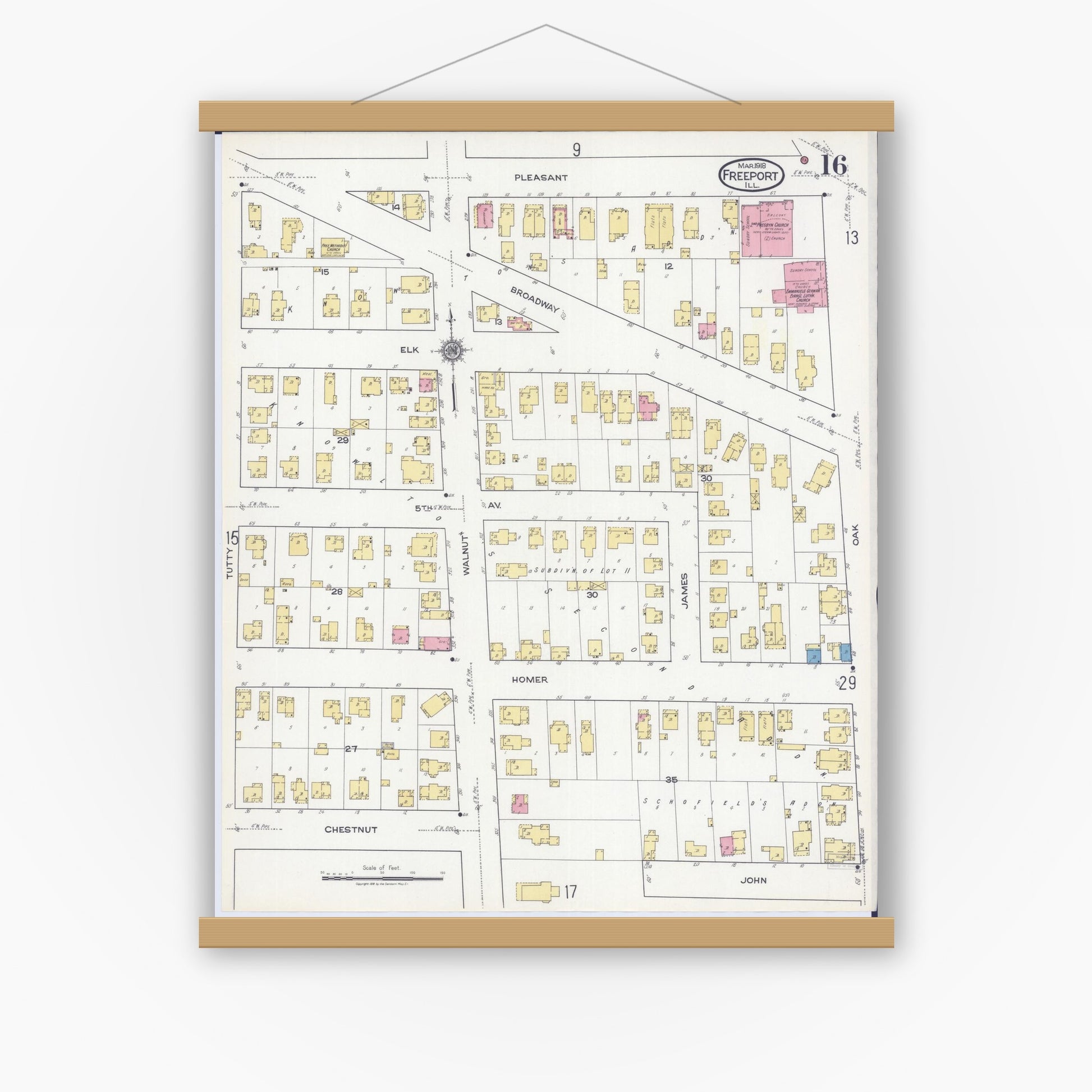 Old map wall art mockup — magnetic wood frame on white wall — Sanborn Fire Insurance Map from Freeport, Stephenson County, Illinois (1918), Sheet #0016