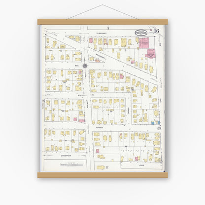 Old map wall art mockup — magnetic wood frame on white wall — Sanborn Fire Insurance Map from Freeport, Stephenson County, Illinois (1918), Sheet #0016