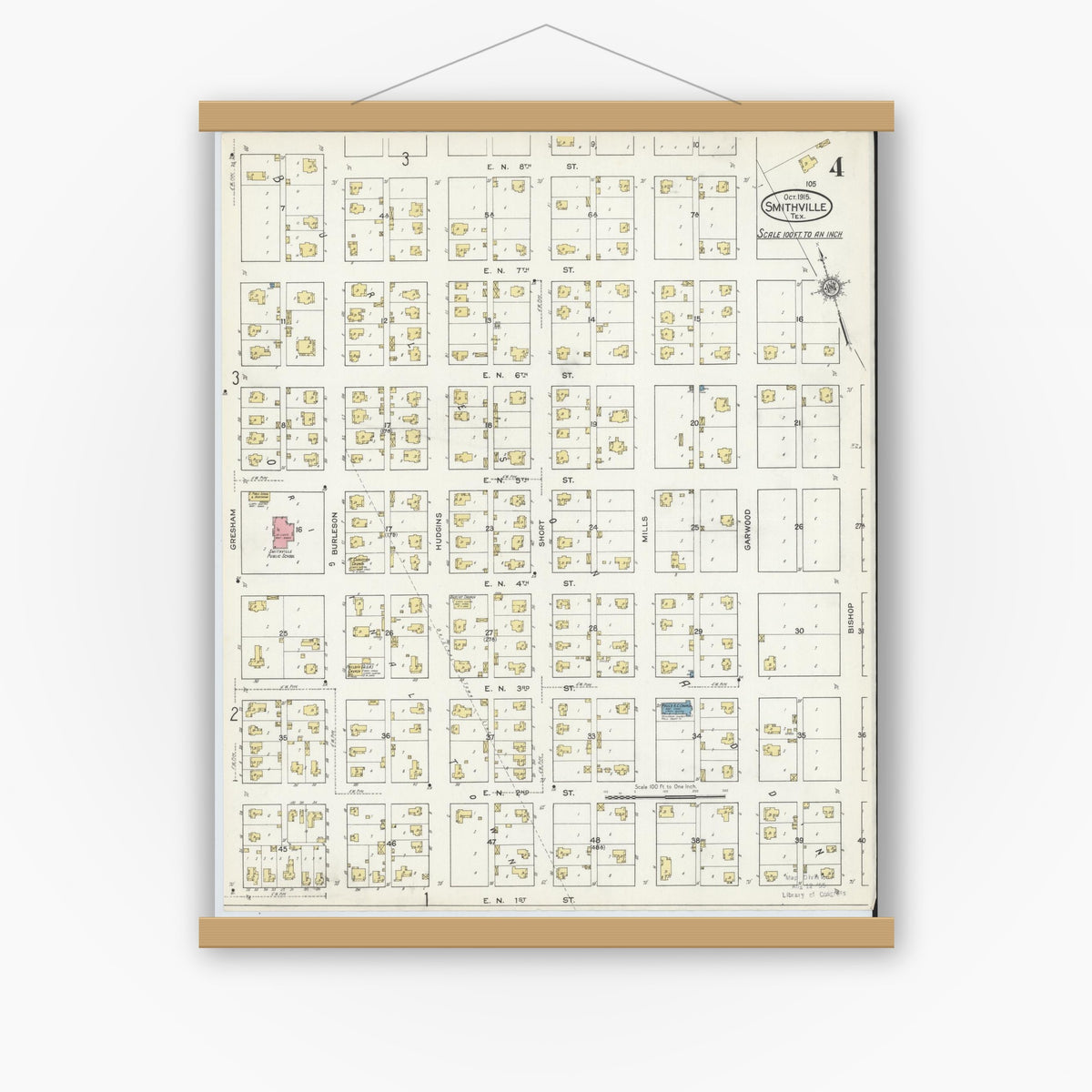 Old map wall art mockup — magnetic wood frame on white wall — Sanborn Fire Insurance Map from Smithville, Bastrop County, Texas (1915), Sheet #0004