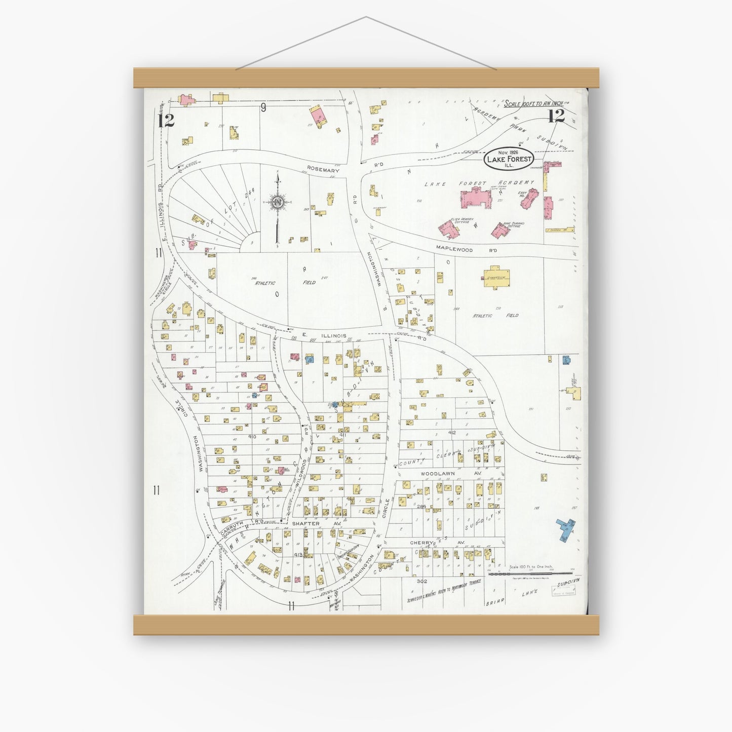 Old map wall art mockup — magnetic wood frame on white wall — Sanborn Fire Insurance Map from Lake Forest, Lake County, Illinois (1926), Sheet #0012
