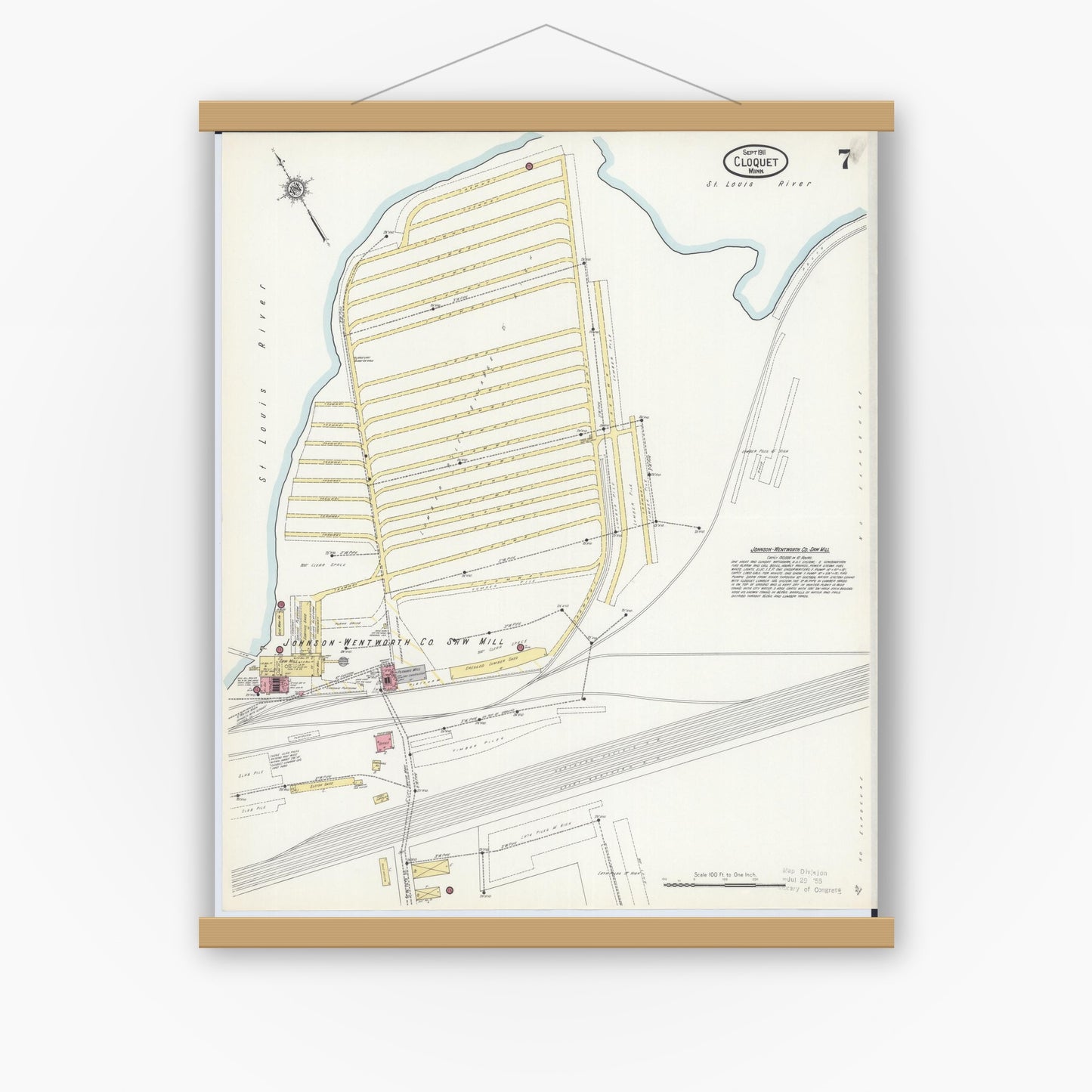 Old map wall art mockup — magnetic wood frame on white wall — Sanborn Fire Insurance Map from Cloquet, Carlton County, Minnesota (1911), Sheet #0007