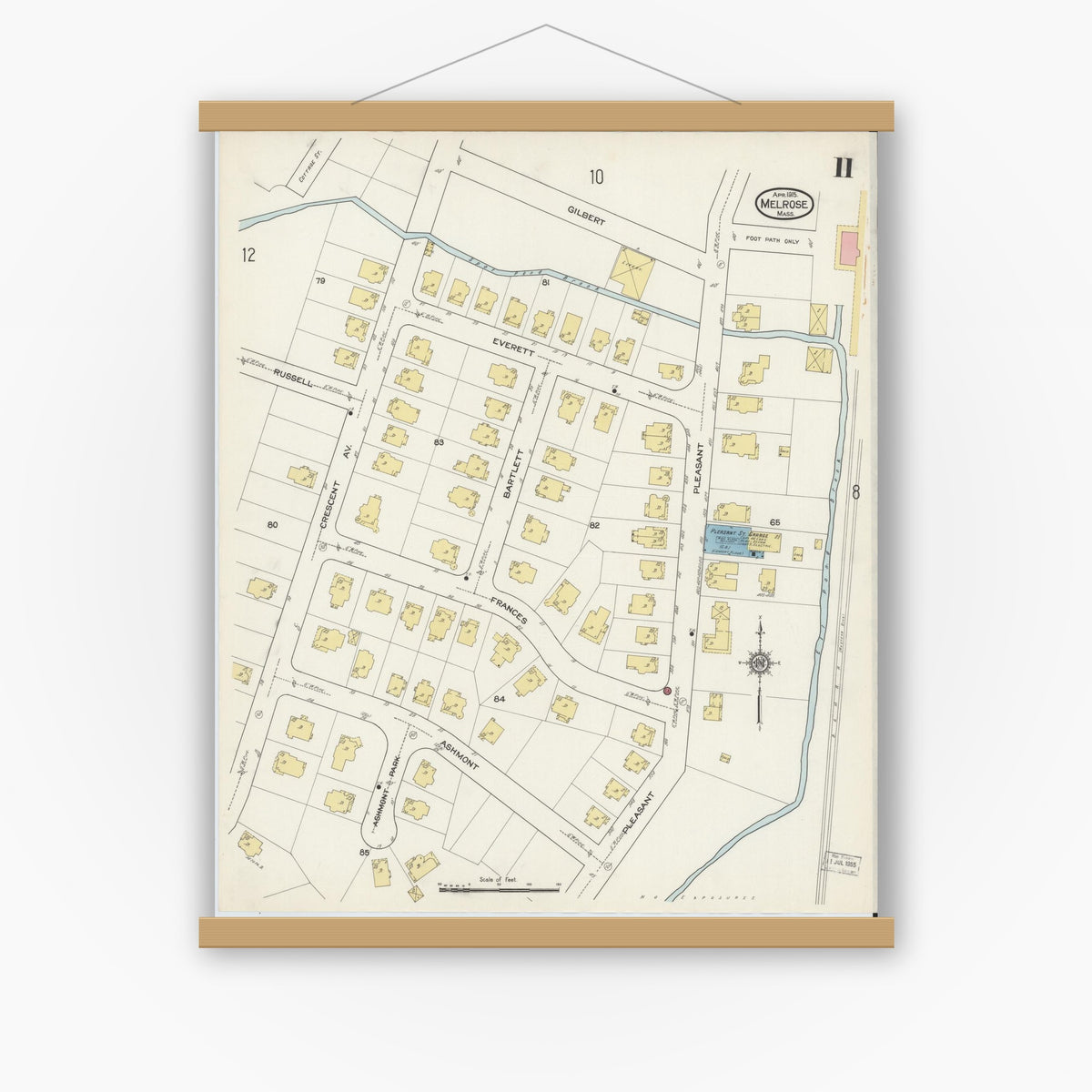 Old map wall art mockup — magnetic wood frame on white wall — Sanborn Fire Insurance Map from Melrose, Middlesex County, Massachusetts (1915), Sheet #0011