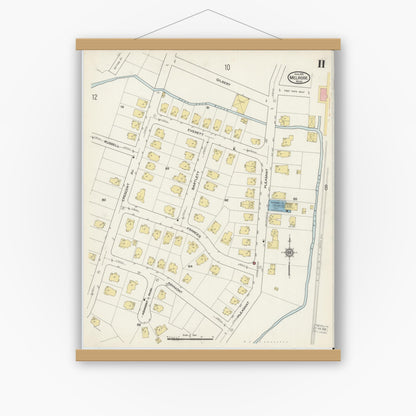 Old map wall art mockup — magnetic wood frame on white wall — Sanborn Fire Insurance Map from Melrose, Middlesex County, Massachusetts (1915), Sheet #0011
