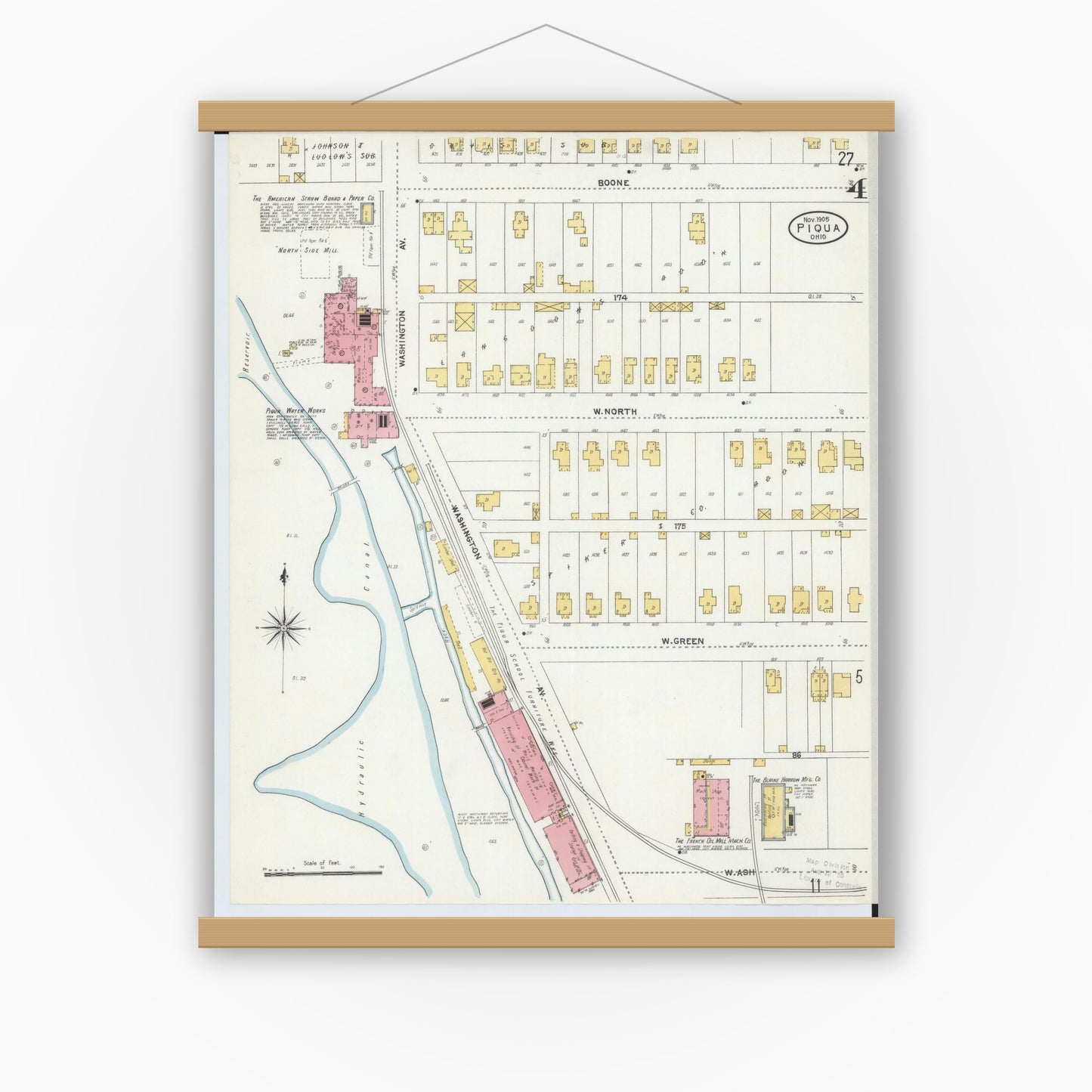 Old map wall art mockup — magnetic wood frame on white wall — Sanborn Fire Insurance Map from Piqua, Miami County, Ohio (1905), Sheet #0004