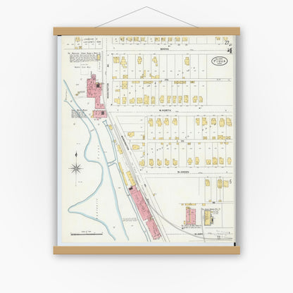 Old map wall art mockup — magnetic wood frame on white wall — Sanborn Fire Insurance Map from Piqua, Miami County, Ohio (1905), Sheet #0004