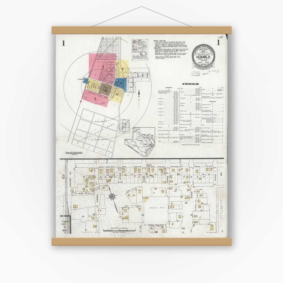 Old map wall art mockup — magnetic wood frame on white wall — Sanborn Fire Insurance Map from Humble, Harris County, Texas (1926), Sheet #0001