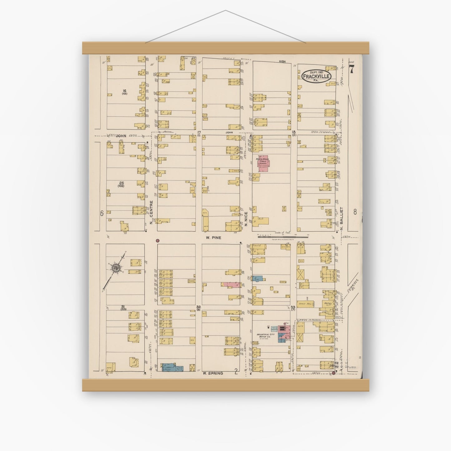 Old map wall art mockup — magnetic wood frame on white wall — Sanborn Fire Insurance Map from Frackville, Schuylkill County, Pennsylvania (1921), Sheet #0007