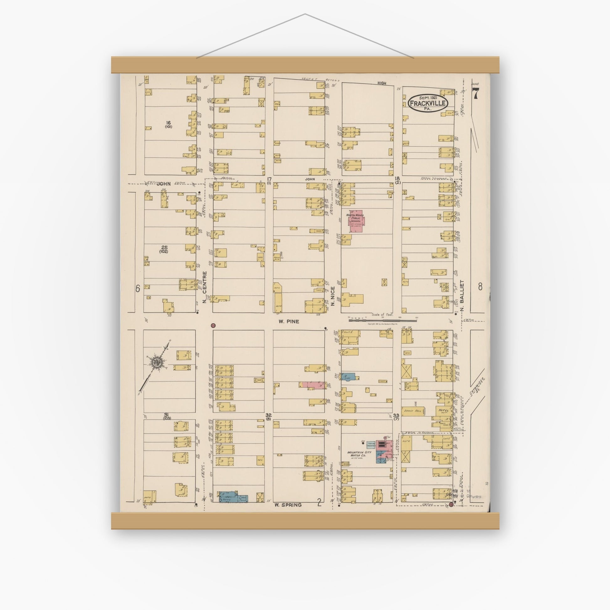Old map wall art mockup — magnetic wood frame on white wall — Sanborn Fire Insurance Map from Frackville, Schuylkill County, Pennsylvania (1921), Sheet #0007