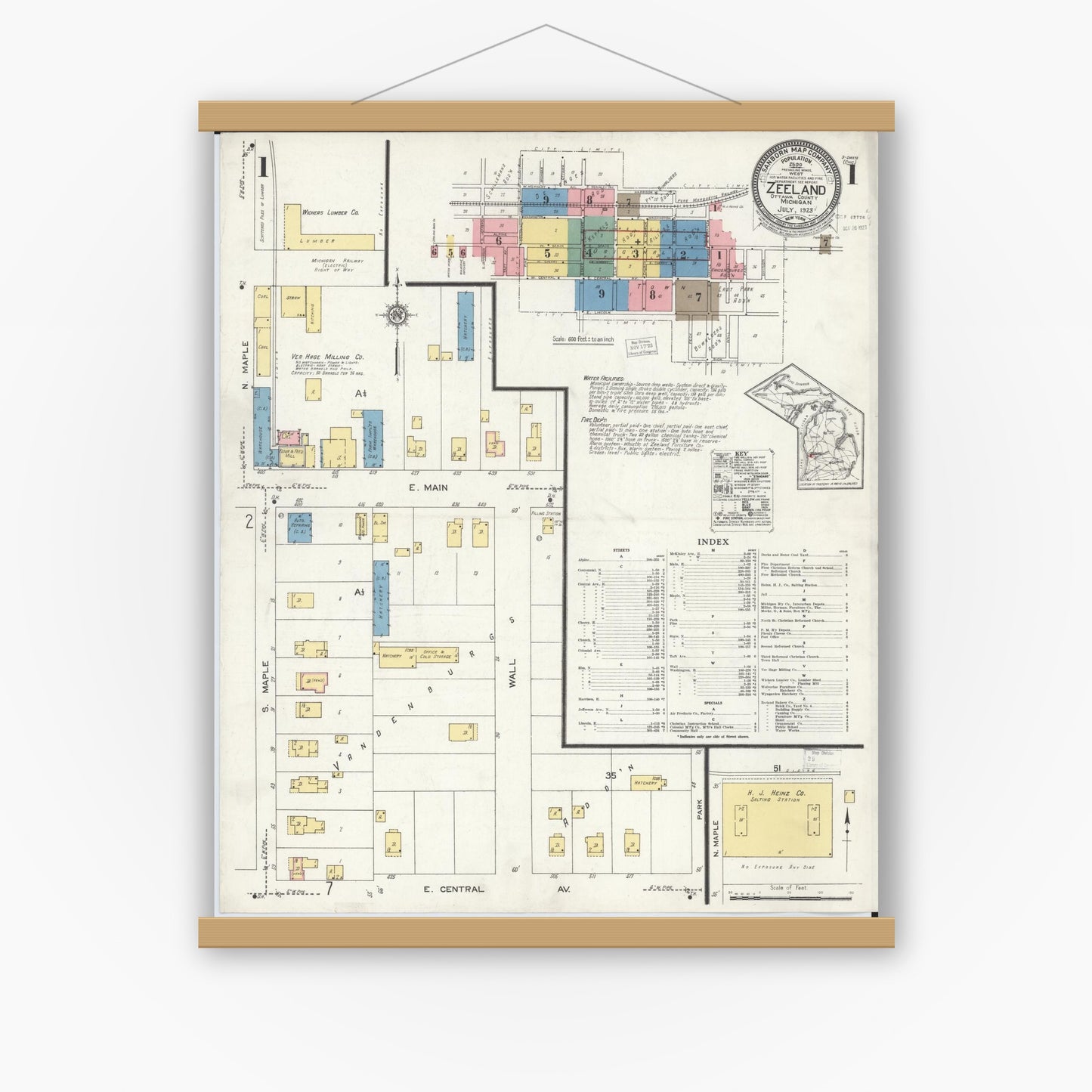 Old map wall art mockup — magnetic wood frame on white wall — Sanborn Fire Insurance Map from Zeeland, Ottawa County, Michigan (1923) - Complete Map Set