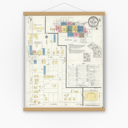 Old map wall art mockup — magnetic wood frame on white wall — Sanborn Fire Insurance Map from Zeeland, Ottawa County, Michigan (1923) - Complete Map Set