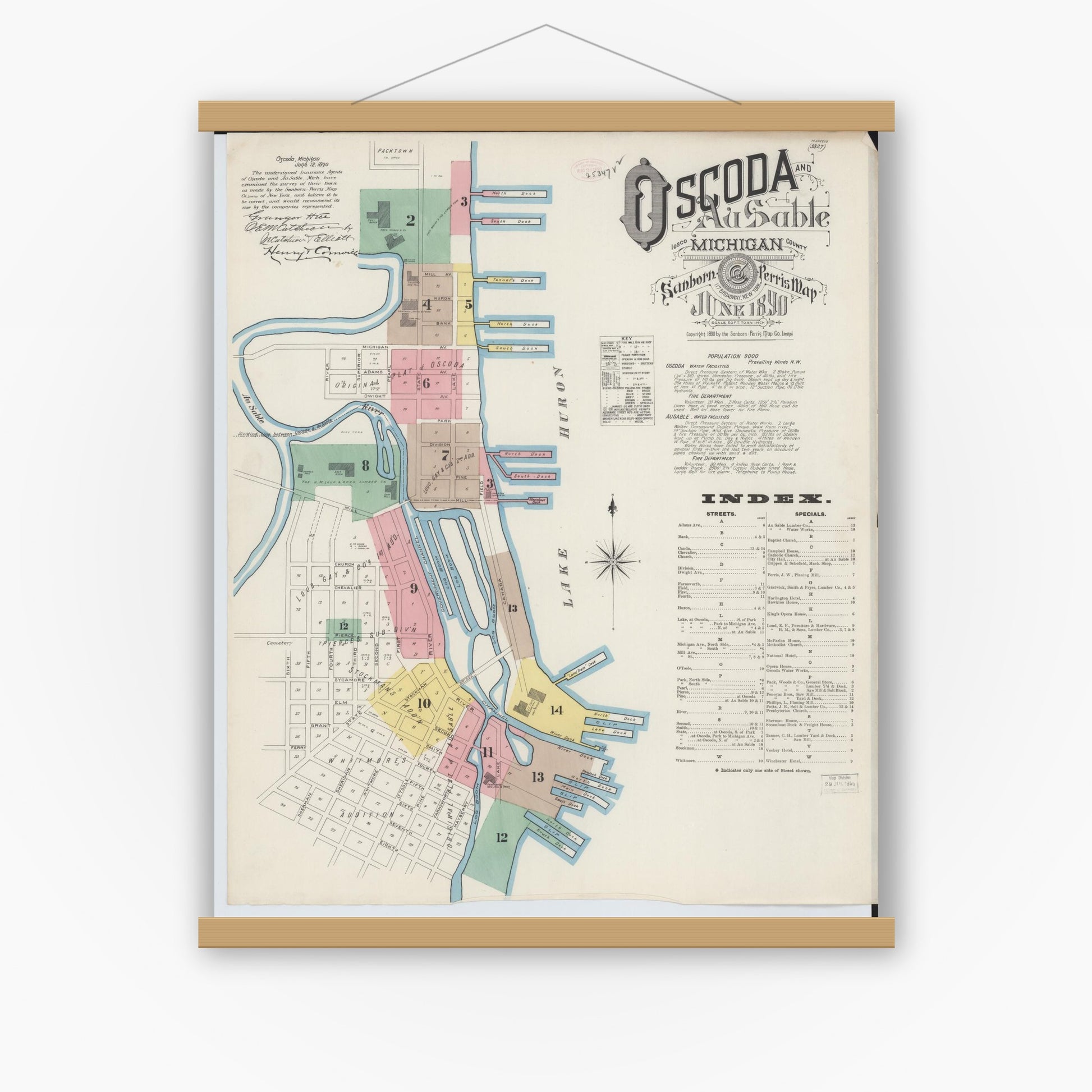 Old map wall art mockup — magnetic wood frame on white wall — Sanborn Fire Insurance Map from Oscoda, Iosco County, Michigan (1890) - Complete Map Set