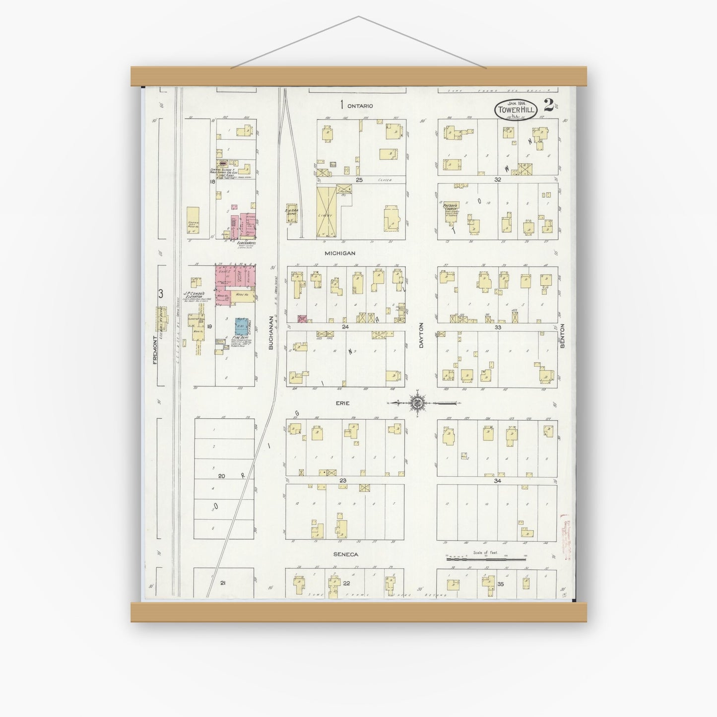 Old map wall art mockup — magnetic wood frame on white wall — Sanborn Fire Insurance Map from Tower Hill, Shelby County, Illinois (1914), Sheet #0002