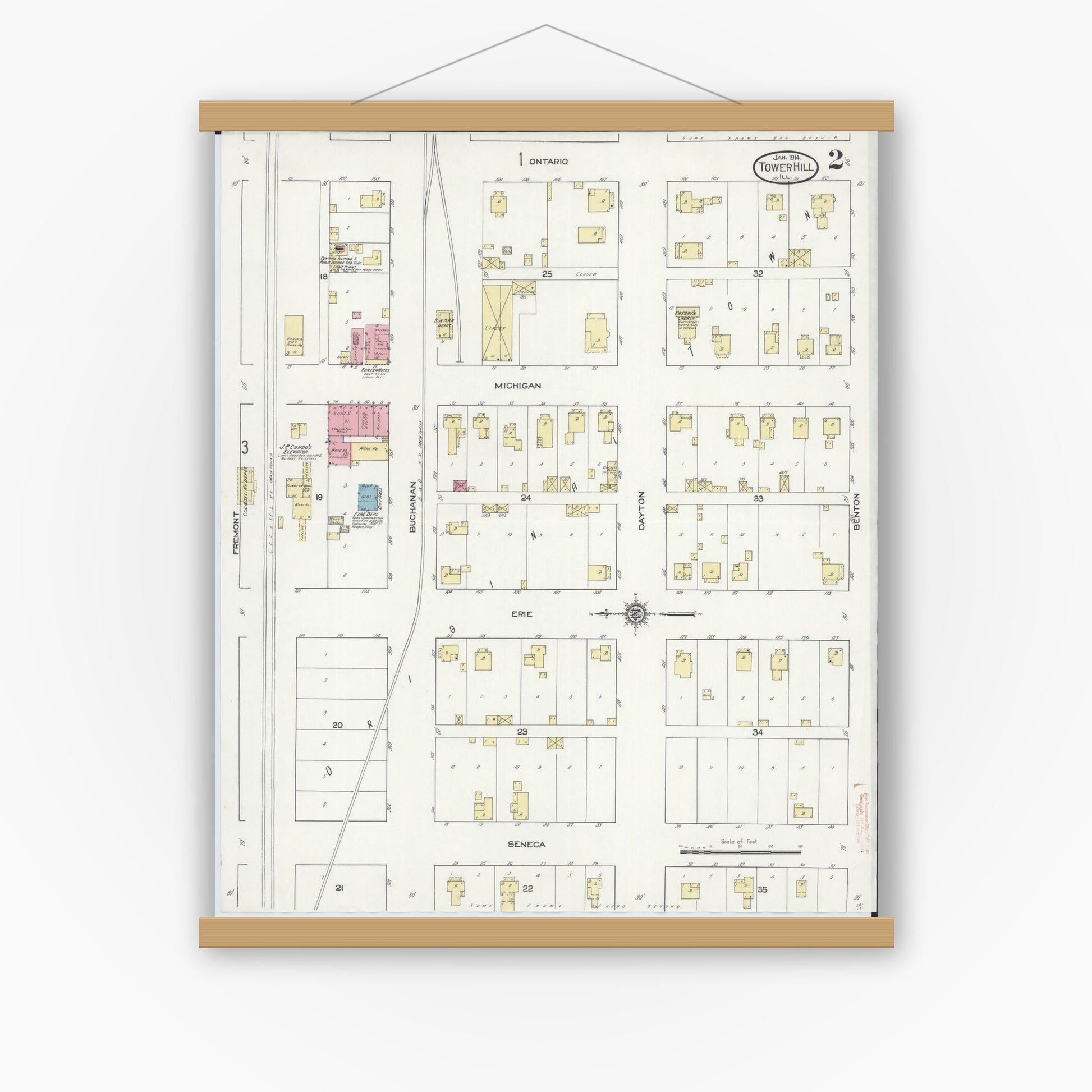 Old map wall art mockup — magnetic wood frame on white wall — Sanborn Fire Insurance Map from Tower Hill, Shelby County, Illinois (1914), Sheet #0002