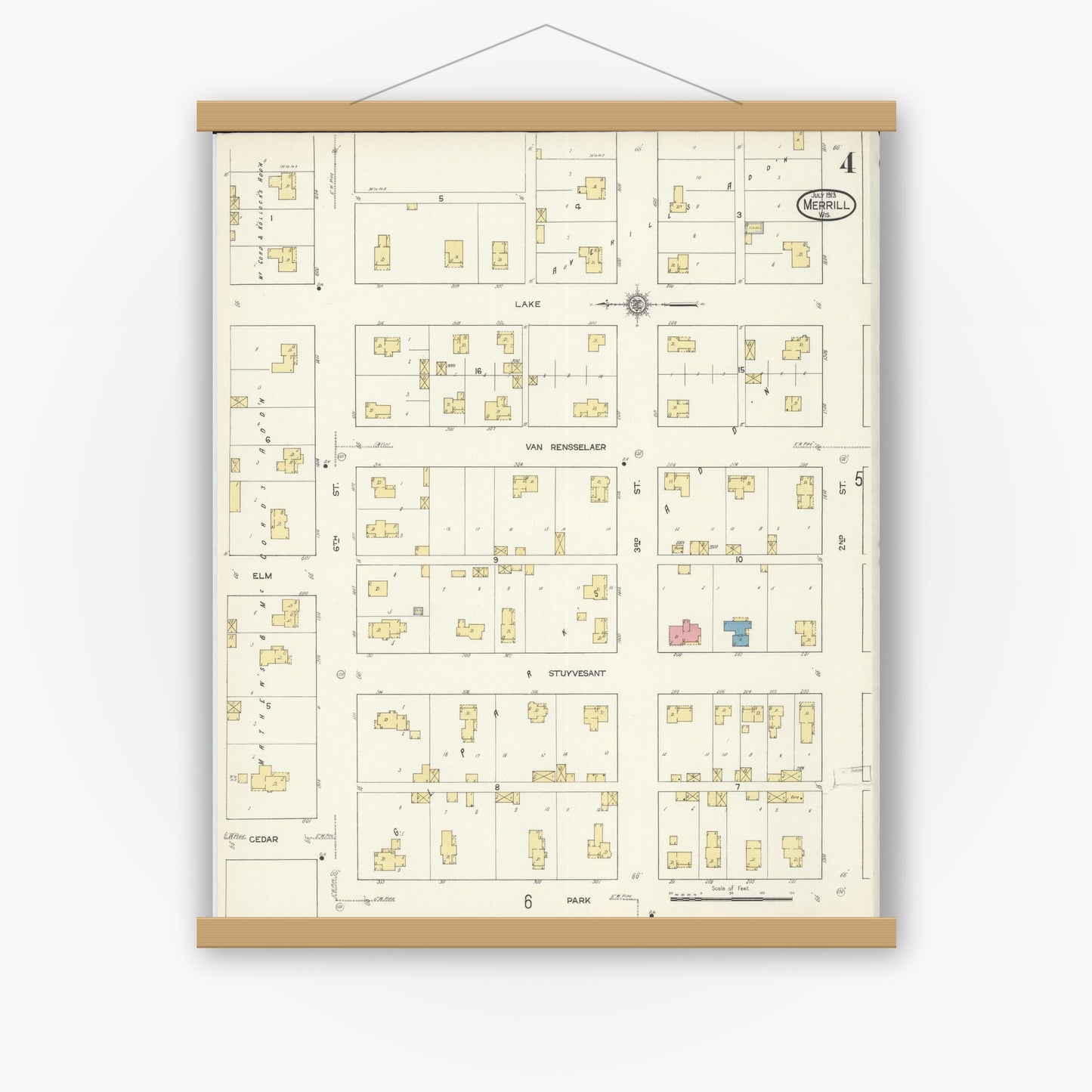 Old map wall art mockup — magnetic wood frame on white wall — Sanborn Fire Insurance Map from Merrill, Lincoln County, Wisconsin (1913), Sheet #0004