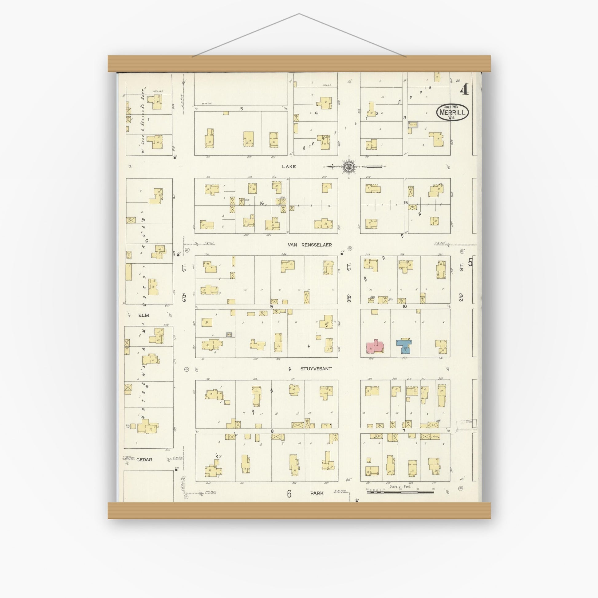 Old map wall art mockup — magnetic wood frame on white wall — Sanborn Fire Insurance Map from Merrill, Lincoln County, Wisconsin (1913), Sheet #0004