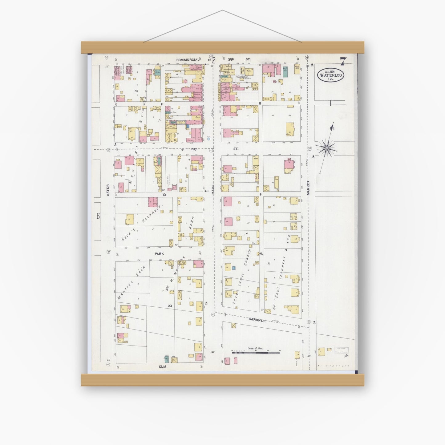 Old map wall art mockup — magnetic wood frame on white wall — Sanborn Fire Insurance Map from Waterloo, Monroe County, Illinois (1906), Sheet #0007