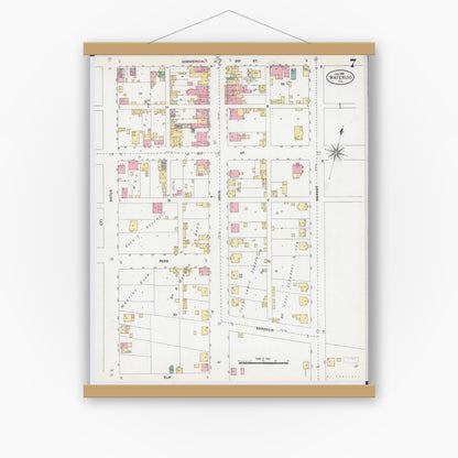 Old map wall art mockup — magnetic wood frame on white wall — Sanborn Fire Insurance Map from Waterloo, Monroe County, Illinois (1906), Sheet #0007