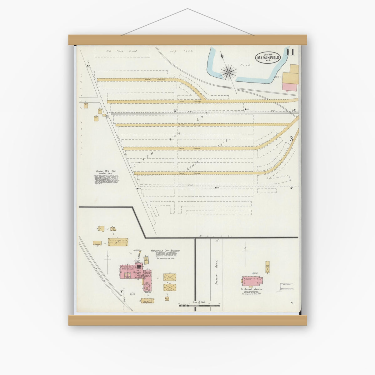 Old map wall art mockup — magnetic wood frame on white wall — Sanborn Fire Insurance Map from Marshfield, Wood County, Wisconsin (1898), Sheet #0011