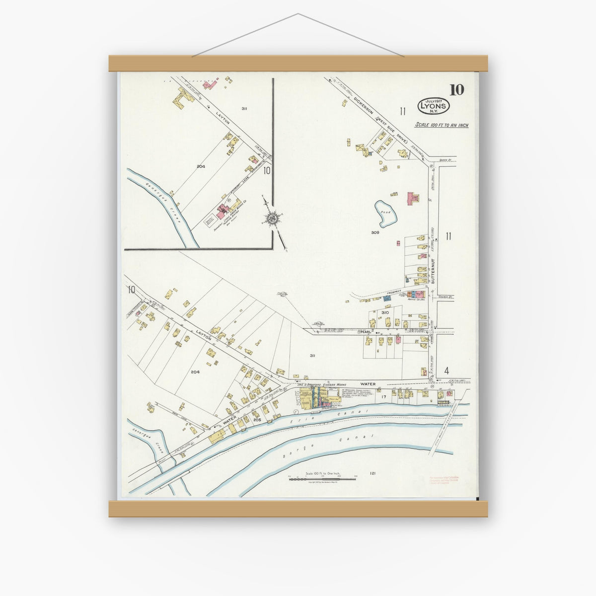 Old map wall art mockup — magnetic wood frame on white wall — Sanborn Fire Insurance Map from Lyons, Wayne County, New York (1917), Sheet #0010