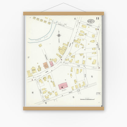 Old map wall art mockup — magnetic wood frame on white wall — Sanborn Fire Insurance Map from Webster, Worcester County, Massachusetts (1911), Sheet #0011