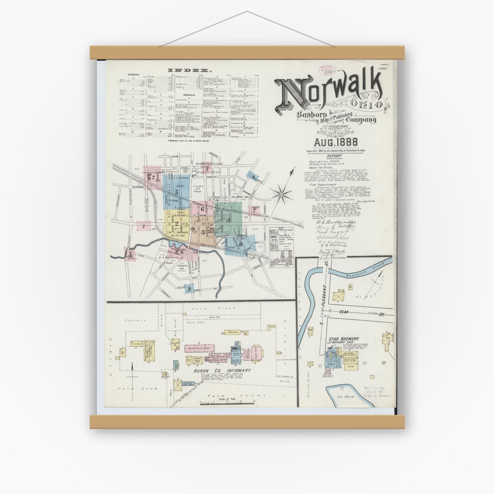 Old map wall art mockup — magnetic wood frame on white wall — Sanborn Fire Insurance Map from Norwalk, Huron County, Ohio (1888), Sheet #0001